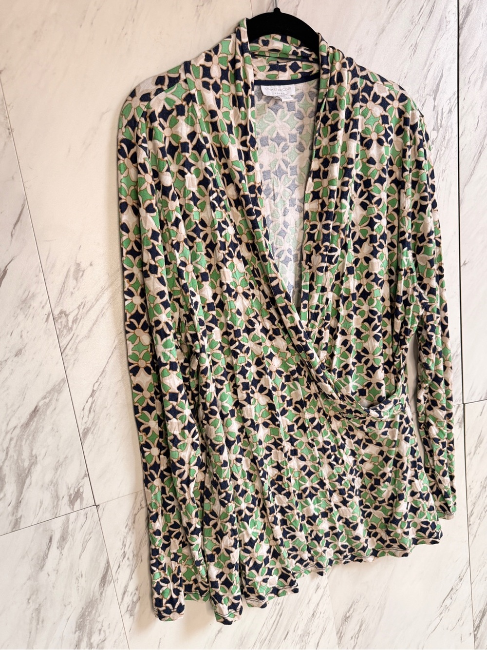 3/$50 Charter Club Geometric Surplice Wrap Blouse 2X Navy Green Mod Office